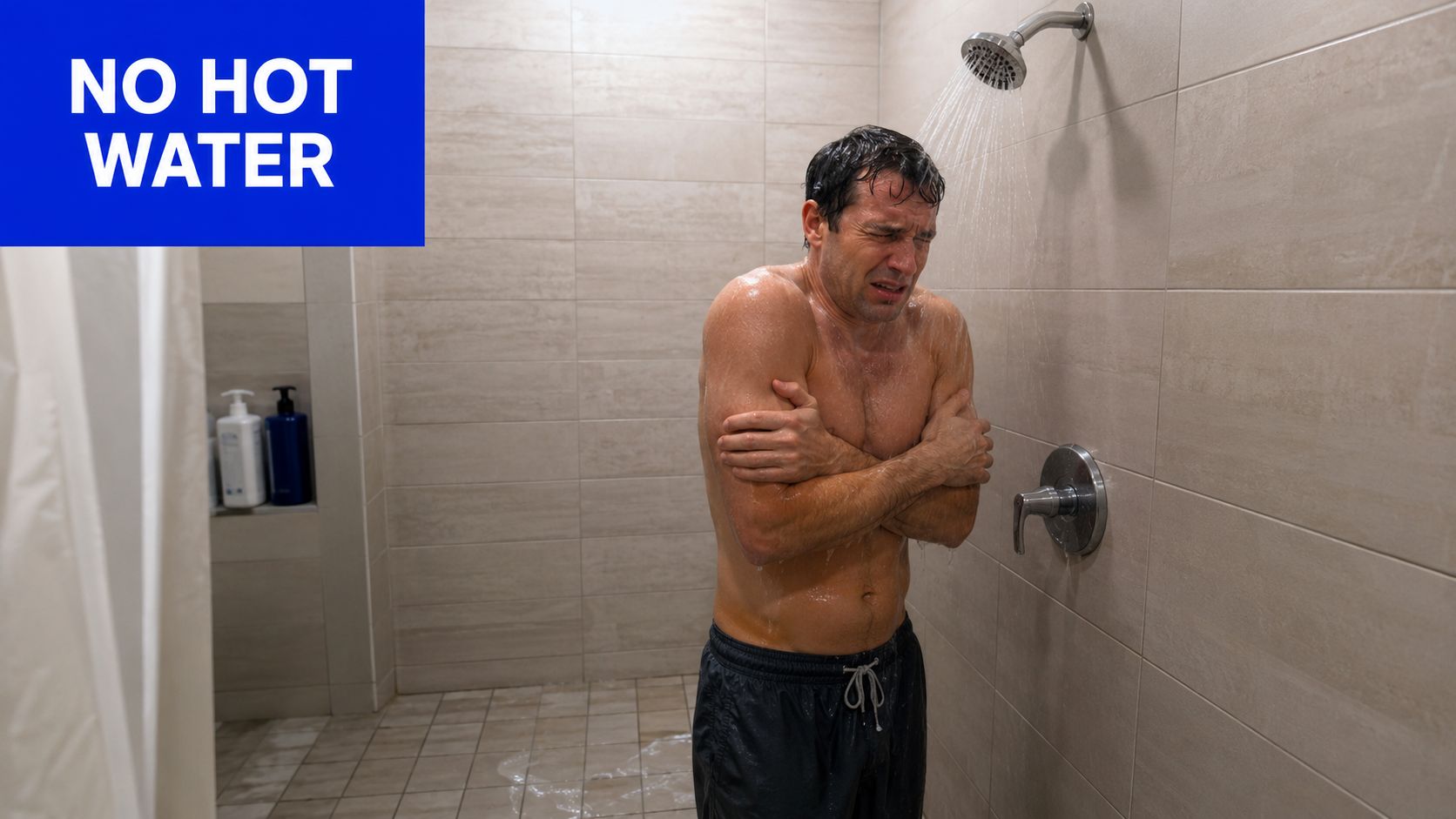 A man shivering under a cold shower in a tiled bathroom with no hot water available.