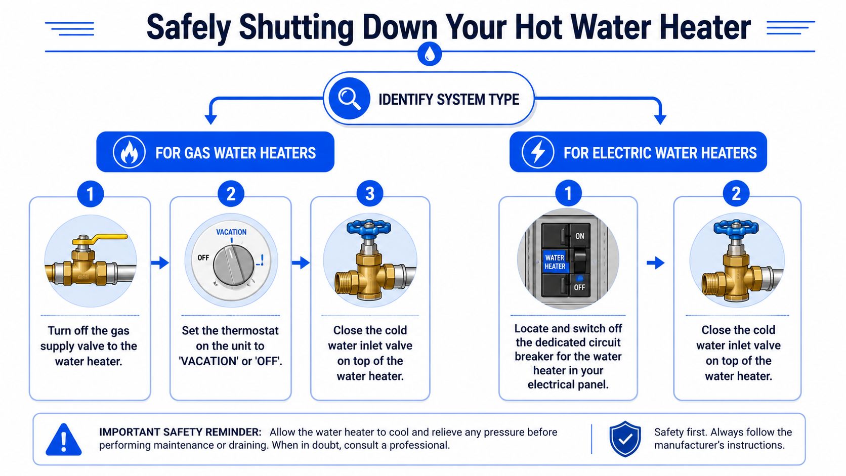 An infographic showing step-by-step instructions for safely shutting down both gas and electric water heaters.