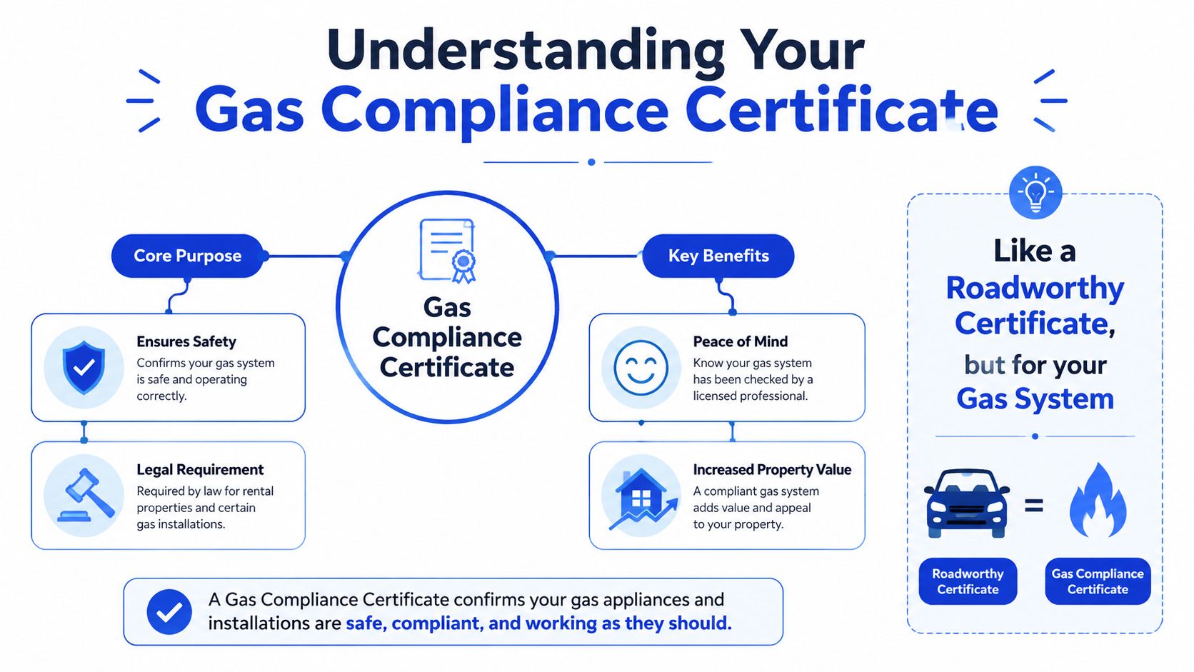 An infographic explaining the importance and purpose of a gas compliance certificate for property safety and value.