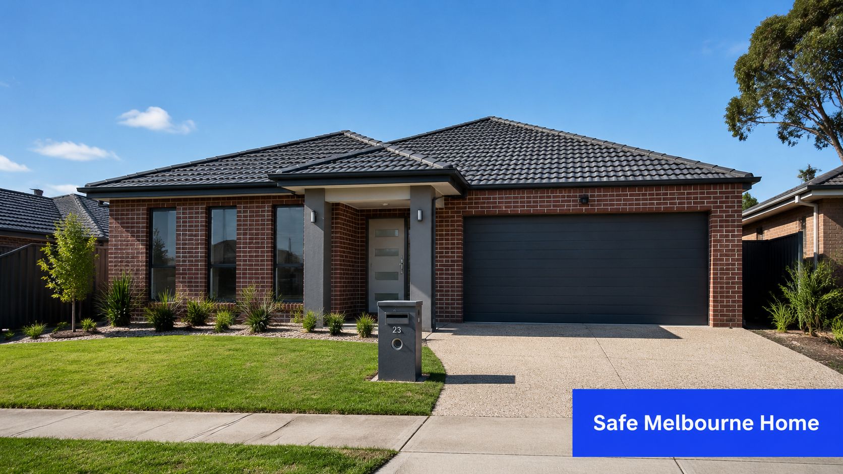 A modern, single-story brick house with a dark tiled roof, a large garage, and a neatly manicured lawn.