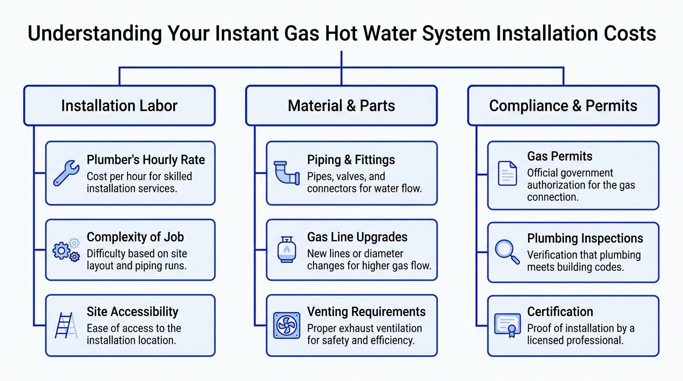 A flowchart explaining the main factors influencing the total installation costs for instant gas hot water systems.