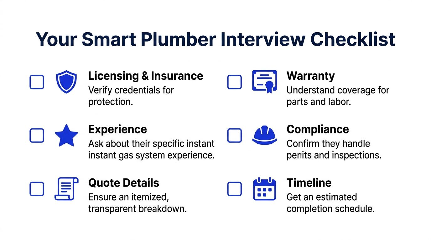A checklist for interviewing plumbers about installing an instant gas hot water system.