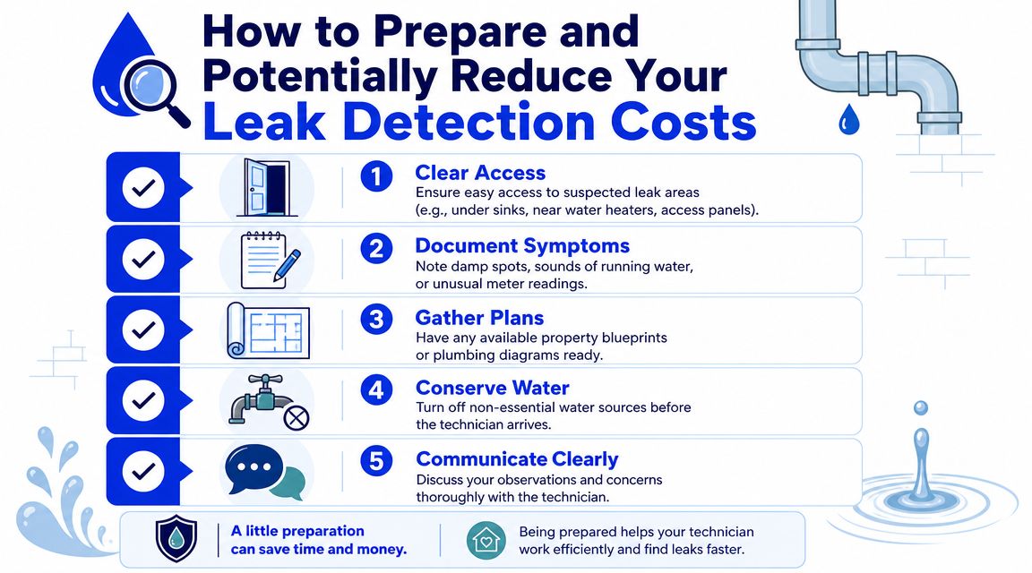 An infographic titled How to Prepare and Potentially Reduce Your Leak Detection Costs with five numbered tips.