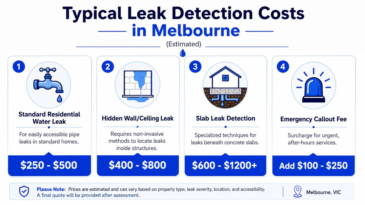 A visual guide outlining the estimated typical costs for various professional water leak detection services in Melbourne.