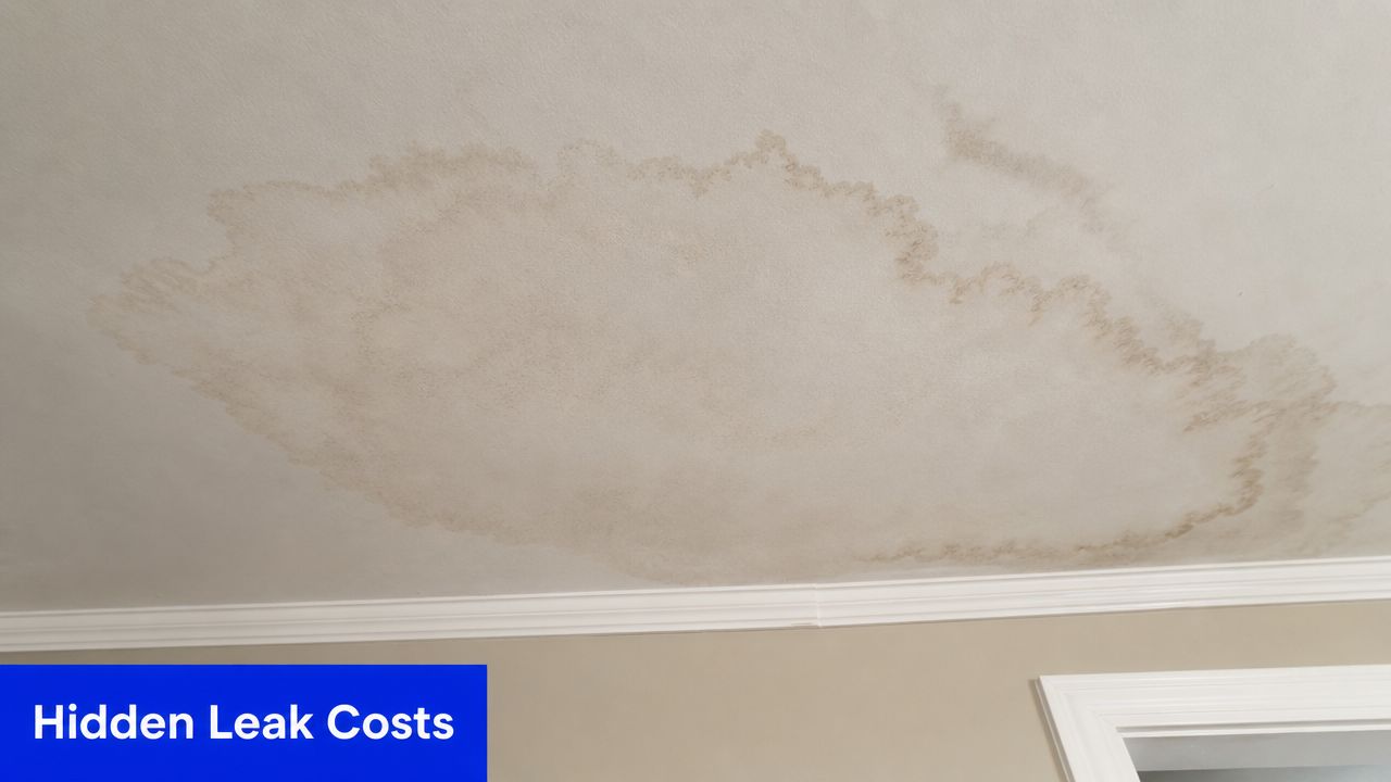 A large water damage stain on a white ceiling indicating a serious home plumbing leak.