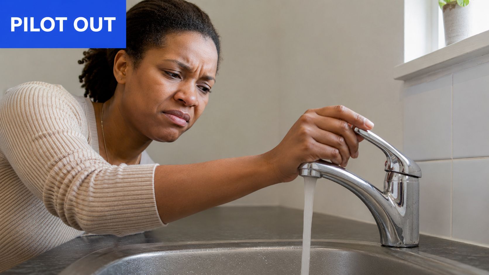 A concerned woman checking the water temperature from a kitchen faucet while facing potential plumbing issues.
