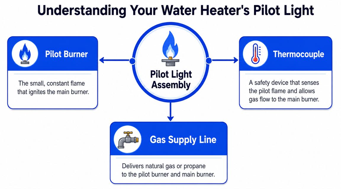 A diagram explaining the components of a water heater pilot light assembly including the burner and thermocouple.