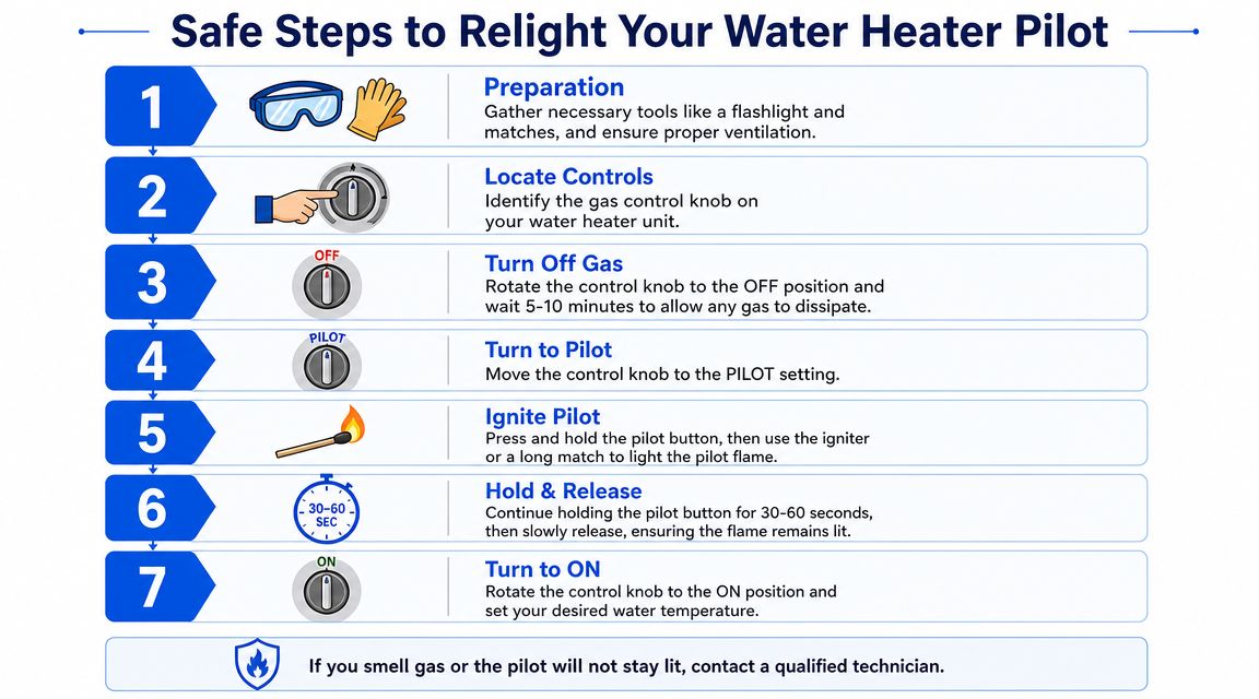 An infographic detailing seven safe steps to relight a water heater pilot light with instructions and icons.
