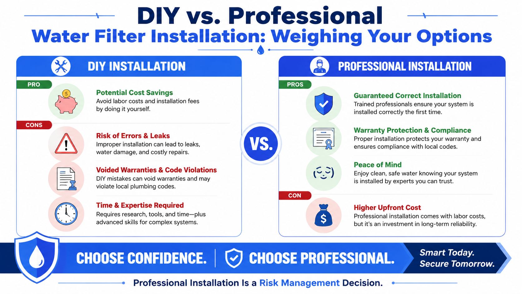 An infographic comparing the pros and cons of DIY versus professional water filter installation for homeowners.