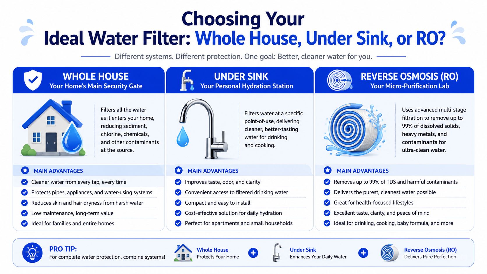 An infographic comparing different water filtration systems including Whole House, Under Sink, and Reverse Osmosis options.