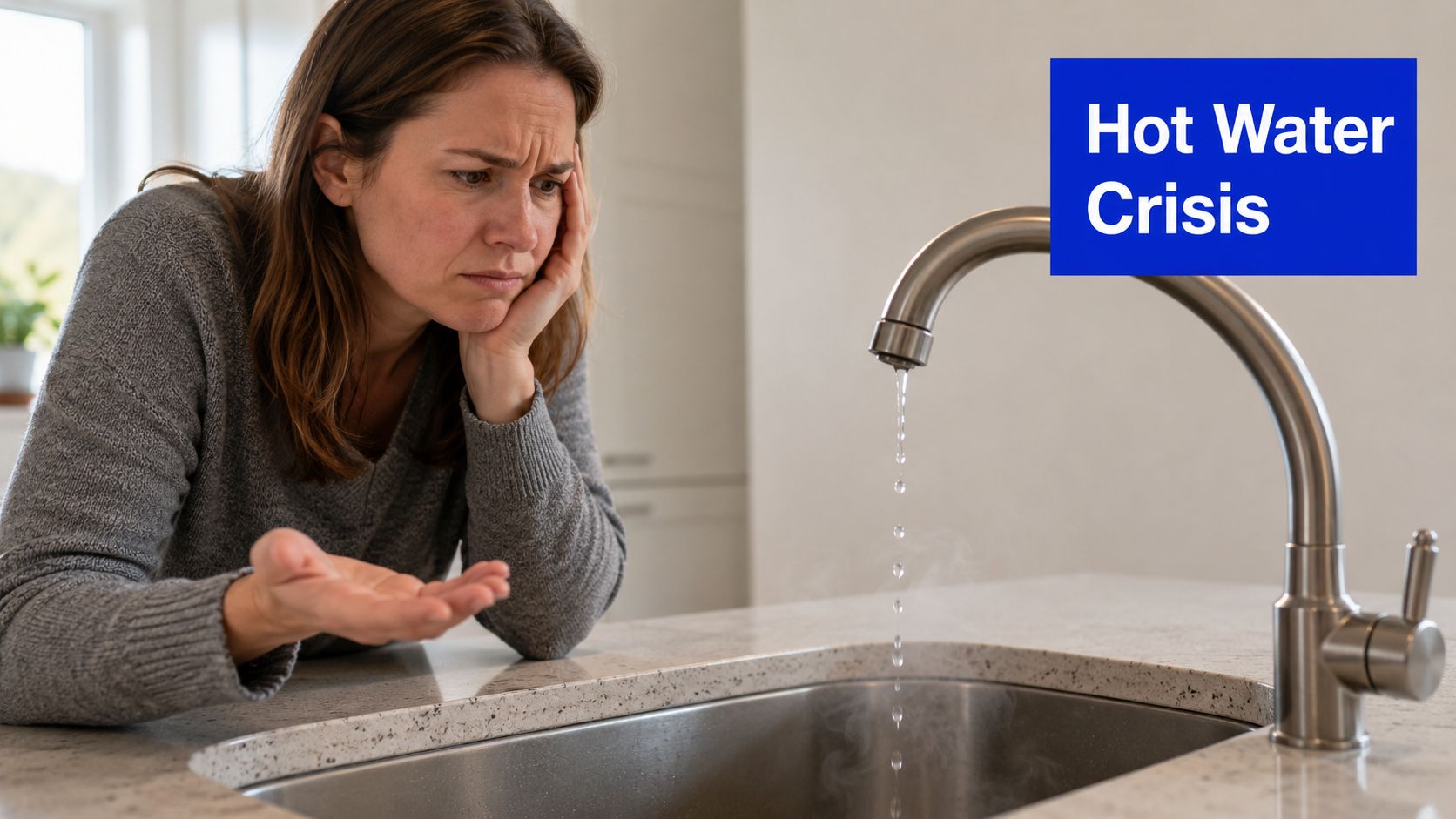 A concerned woman standing by a kitchen sink with steaming water dripping from the faucet.
