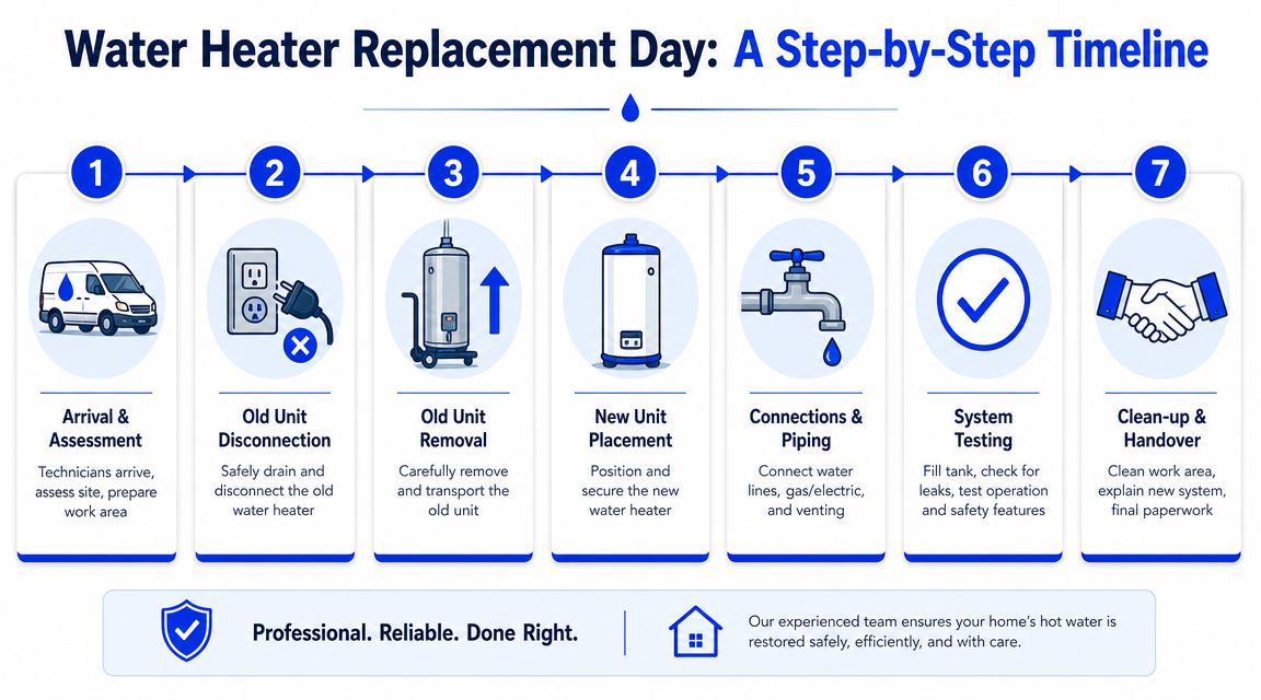 A step-by-step infographic illustrating the seven stages of a professional residential water heater replacement process.
