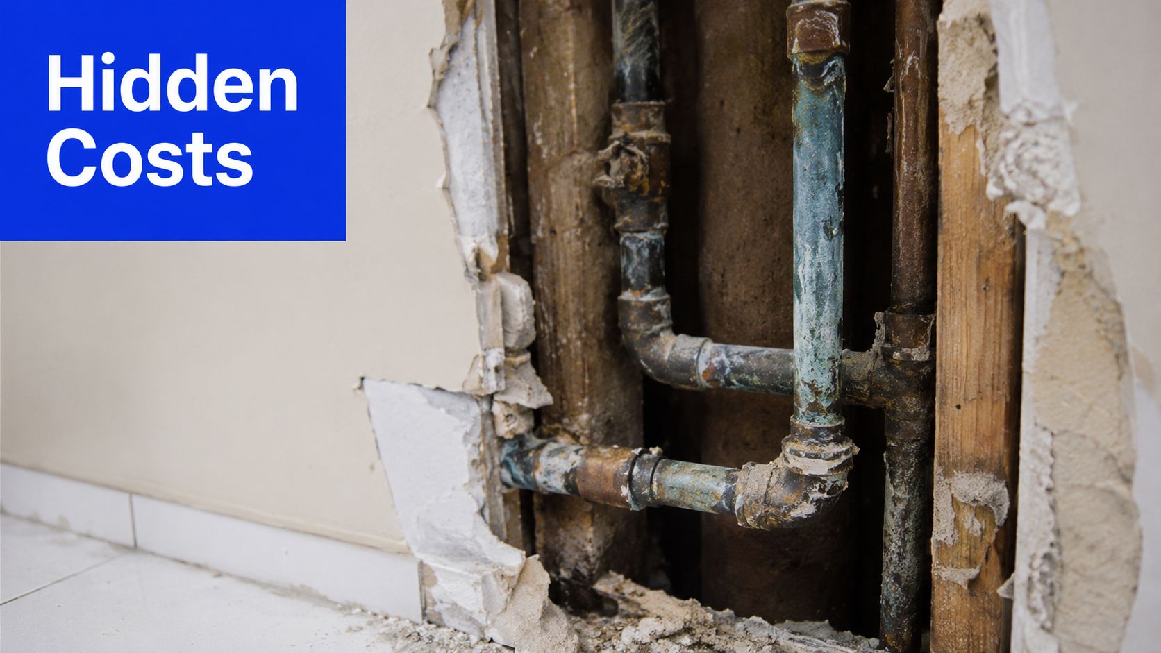 Exposed corroded plumbing pipes inside a wall damaged during a bathroom renovation project.