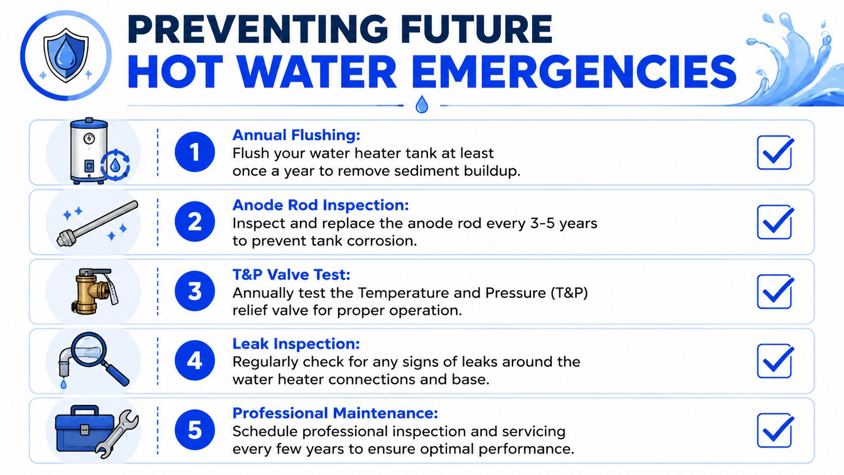 An infographic titled Preventing Future Hot Water Emergencies, illustrating five essential maintenance tips for water heaters.