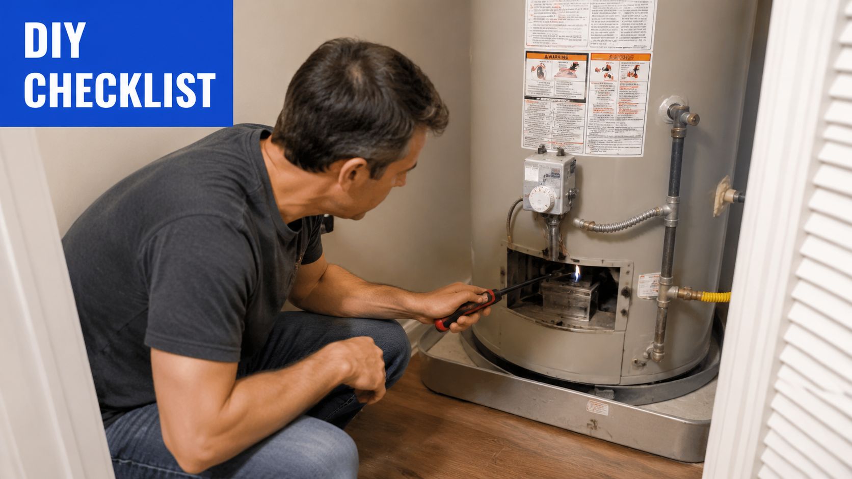 A man crouching and using a long lighter to ignite the pilot light on a water heater.