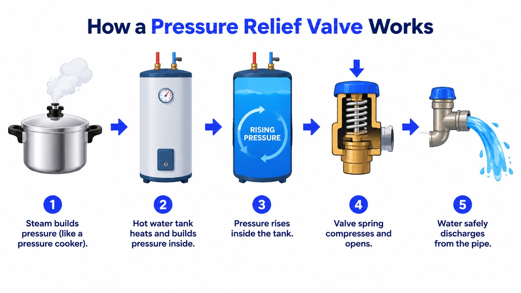 An infographic illustrating the five-step process of how a hot water system pressure relief valve functions.
