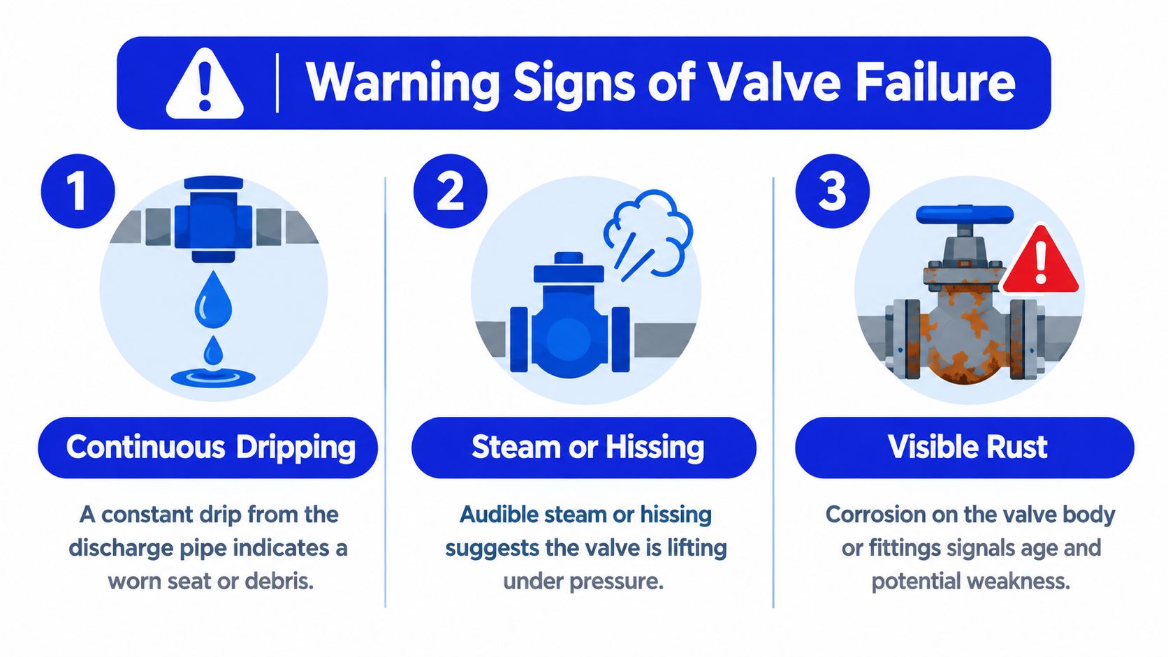An infographic showing three main warning signs of valve failure: continuous dripping, steam or hissing, and visible rust.