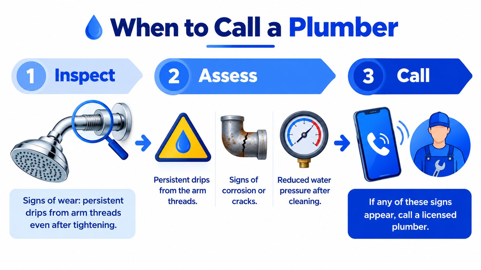An infographic titled When to Call a Plumber showing steps to inspect, assess, and call for help.