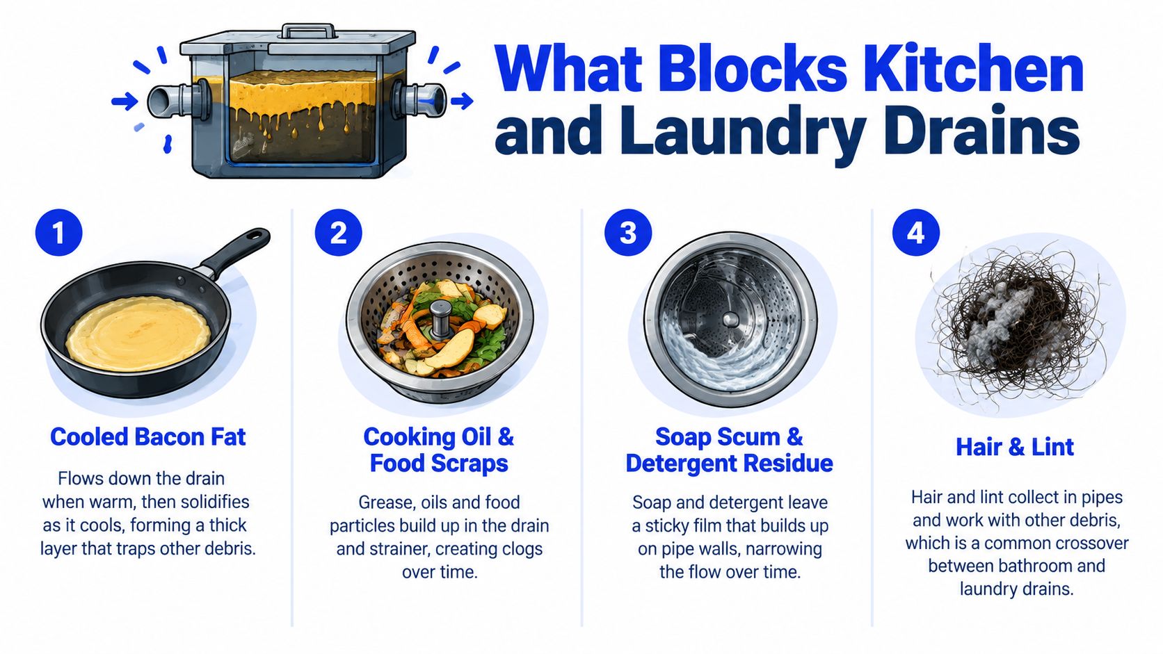 An infographic showing four common causes of blocked kitchen and laundry drains including grease, food scraps, soap, and hair.