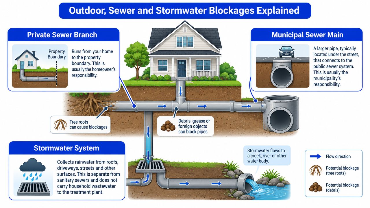 A diagram illustrating how private sewer branches, municipal mains, and stormwater systems function and potential blockage causes.
